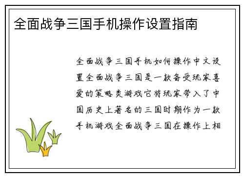全面战争三国手机操作设置指南